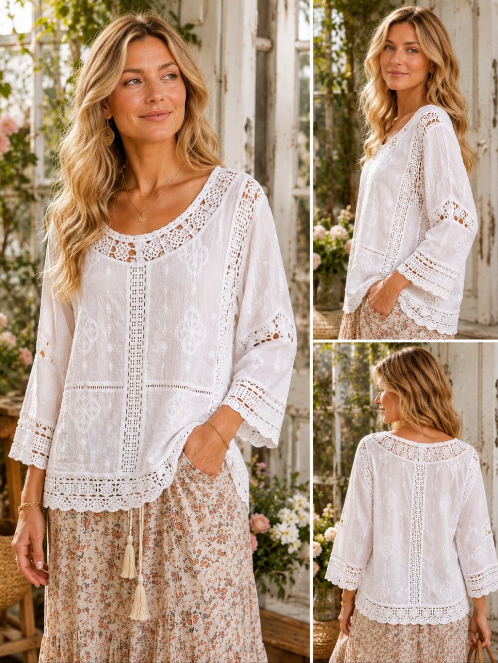 Democracy Cotton Breathable Crochet And Lace White Tunic Top Blouse SZ: XL